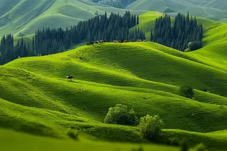 春天草甸山峦树木草地摄影图