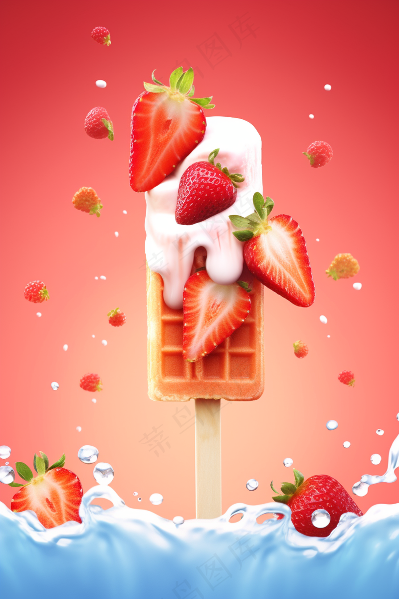 草莓棒冰夏日清凉冰淇淋冰棒摄影图(2688x4032)