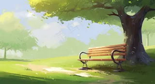 春天草坪大树下的椅子春季生长绿色卡通插画背景