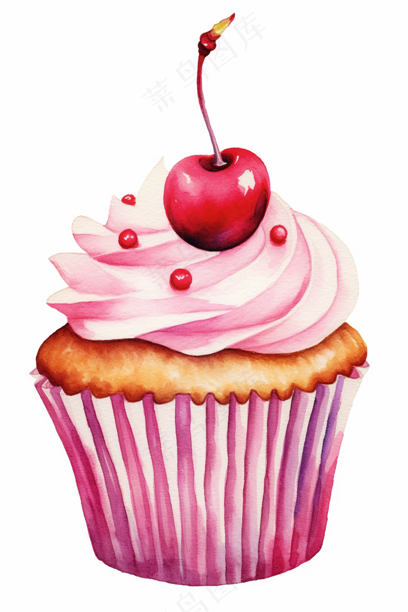 樱桃纸杯蛋糕甜点水彩画插图白色背景