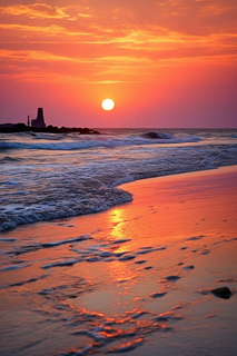 夕阳落日下海洋海面沙滩余晖倒影美景摄影图