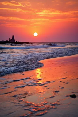 夕阳落日下海洋海面沙滩余晖倒影美景摄影图