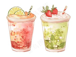 奶茶水果茶下午茶草莓石榴抹茶柠檬冰淇淋卡通插画免抠