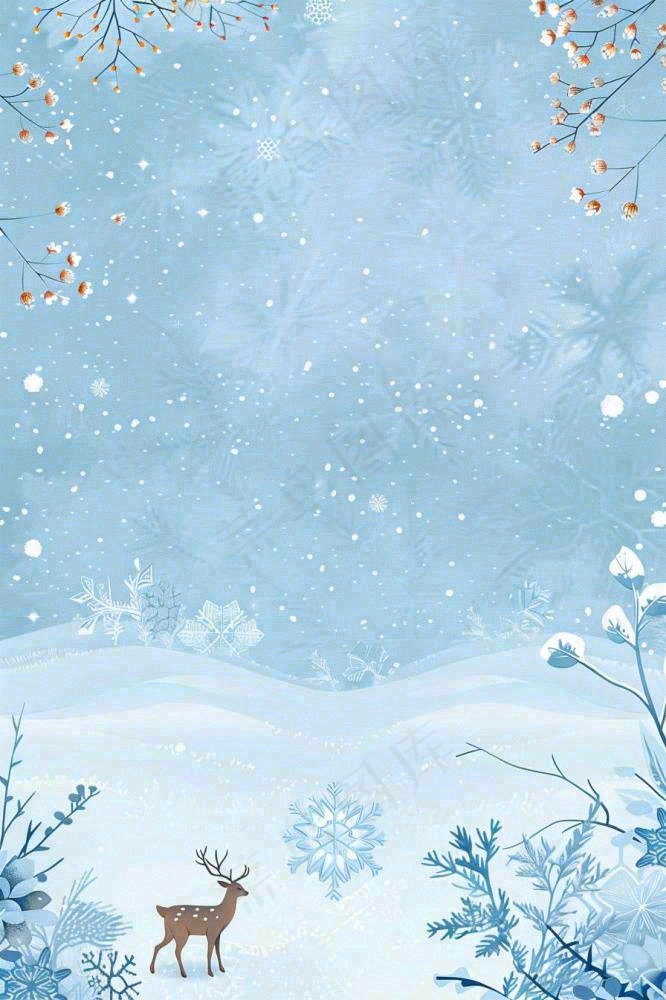 冬天白雪雪花世界麋鹿寒冷立冬冬至大雪小雪圣诞插画背景(896x1344)