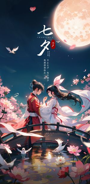 手绘中式七夕插画海报