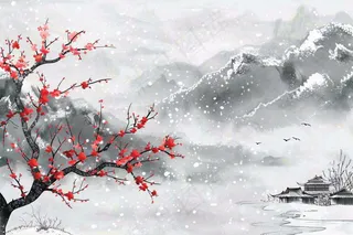 冬天山林里的小村庄红梅花白雪覆盖国风水墨画立冬冬至小雪大雪插画