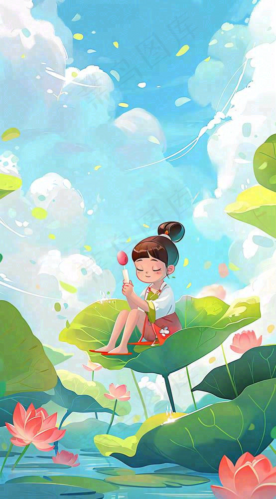 夏日荷花荷叶上的女孩古风人物插画蓝天白云立夏夏至插画背景(816x1472)