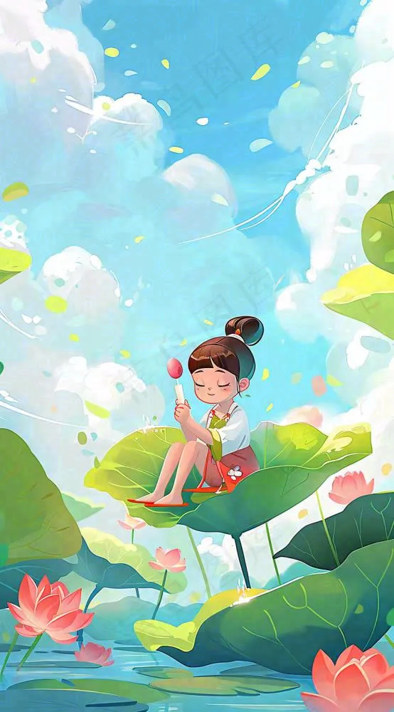 夏日荷花荷叶上的女孩古风人物插画蓝天白云立夏夏至插画背景(816x1472)