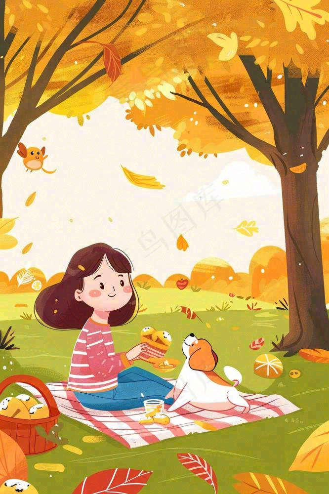 秋天野外露营野餐女孩小狗落叶黄大地立秋秋分插画背景