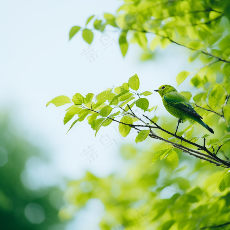 春天大树抽新芽绿叶树枝站绿色小鸟摄影图