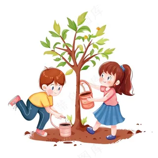 植树节学生们植树浇水爱护环境卡通插画免抠