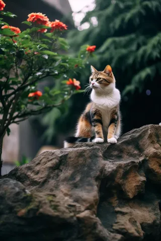 假山上的三花猫咪红茶花树下摄影图