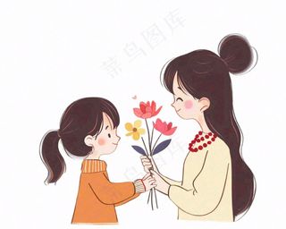 母亲节送花母女妈妈亲情人物卡通插画免抠