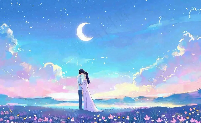浪漫夜晚月光下花丛里的恋人情侣相拥梦幻场景七夕情人节卡通插画背景(1408x864)
