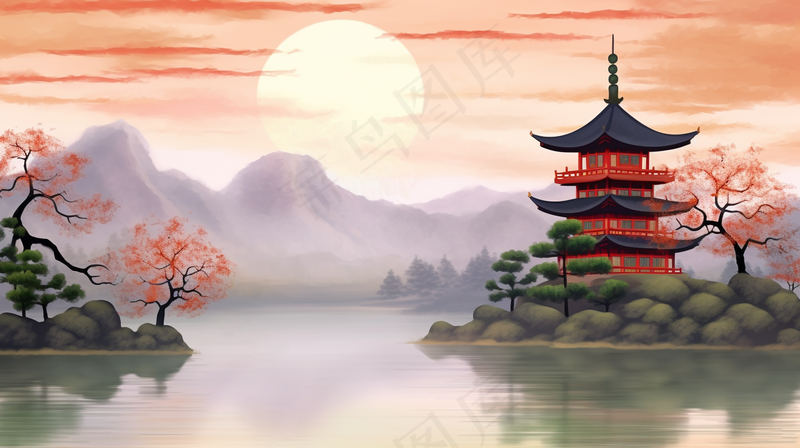 古风古建筑山水画阁楼凉亭春天山花烂漫插画背景(4368x2448)