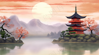 古风古建筑山水画阁楼凉亭春天山花烂漫插画背景