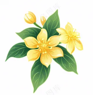 黄花桂花金秋绿叶卡通插画免抠
