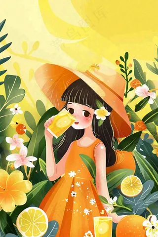 夏天喝橙汁的女孩橘黄色度假风鲜花花丛清凉解暑立夏大暑小暑夏至卡通插画背景