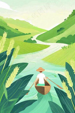 春天小麦田里的河流女孩坐船小麦麦穗小满芒种惊蛰卡通插画背景