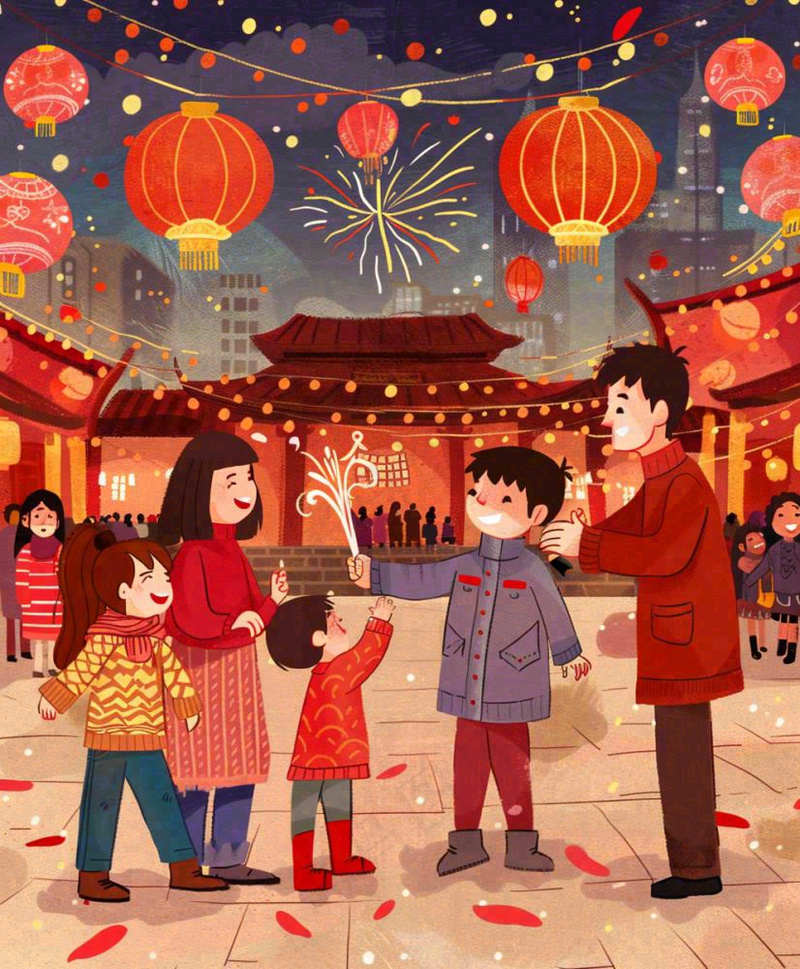 新年一家人游玩张灯结彩热闹喜庆放烟花街道小年除夕春节卡通插画背景