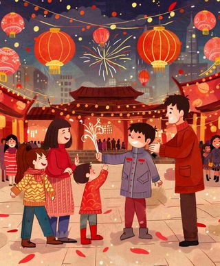 新年一家人游玩张灯结彩热闹喜庆放烟花街道小年除夕春节卡通插画背景