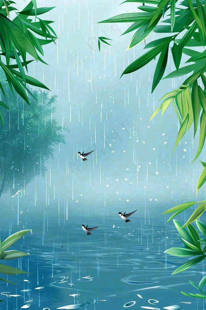 春天大雨磅礴绿叶植物燕子雨滴敲打水面雨水谷雨卡通插画背景(896x1344)