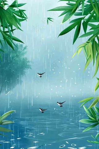 春天大雨磅礴绿叶植物燕子雨滴敲打水面雨水谷雨卡通插画背景
