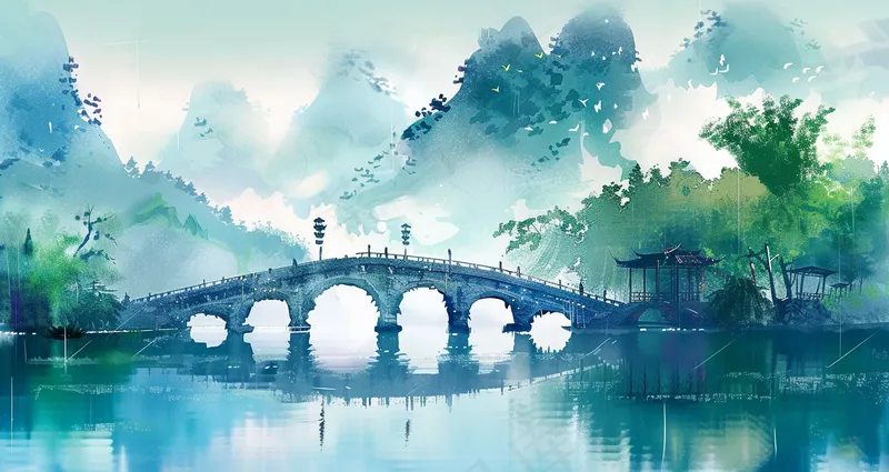 江南水乡水墨画拱桥插画背景(4368x2322)