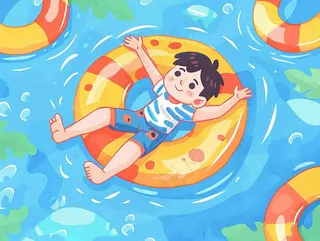 夏天游泳泳池人物游泳男孩蓝色背景泳圈夏日运动小暑大暑夏至立夏卡通插画背景