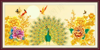 牡丹花孔雀黄色背景