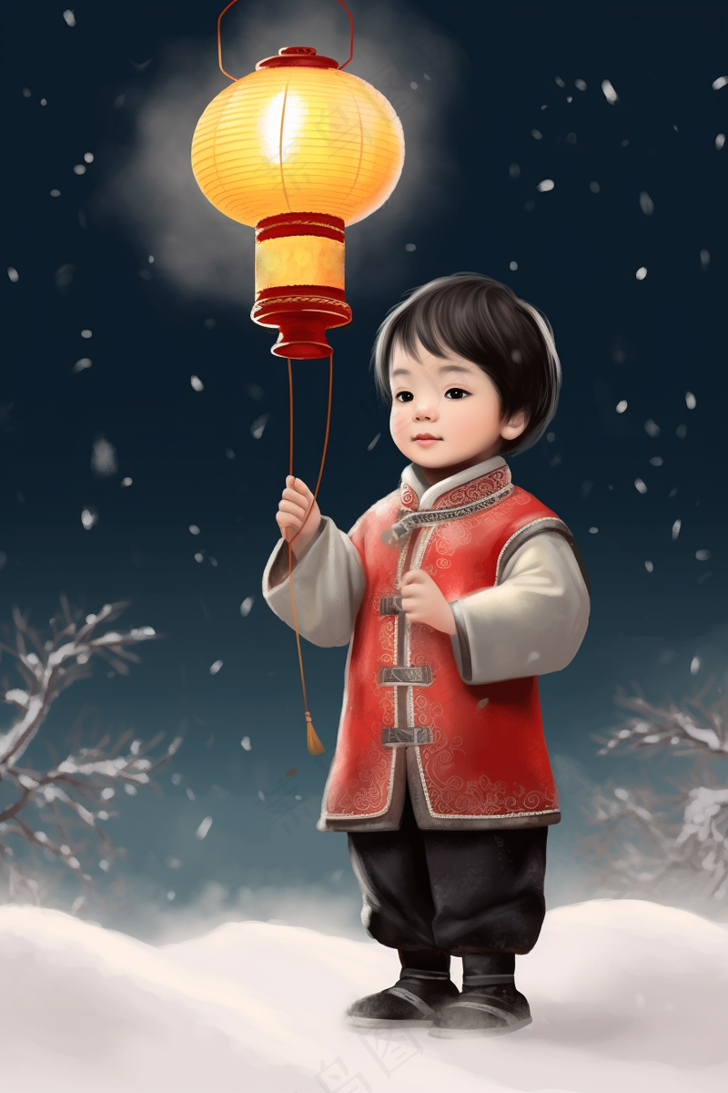冬天白雪地打着灯笼得中国小孩卡通插画背景(2688x4032)