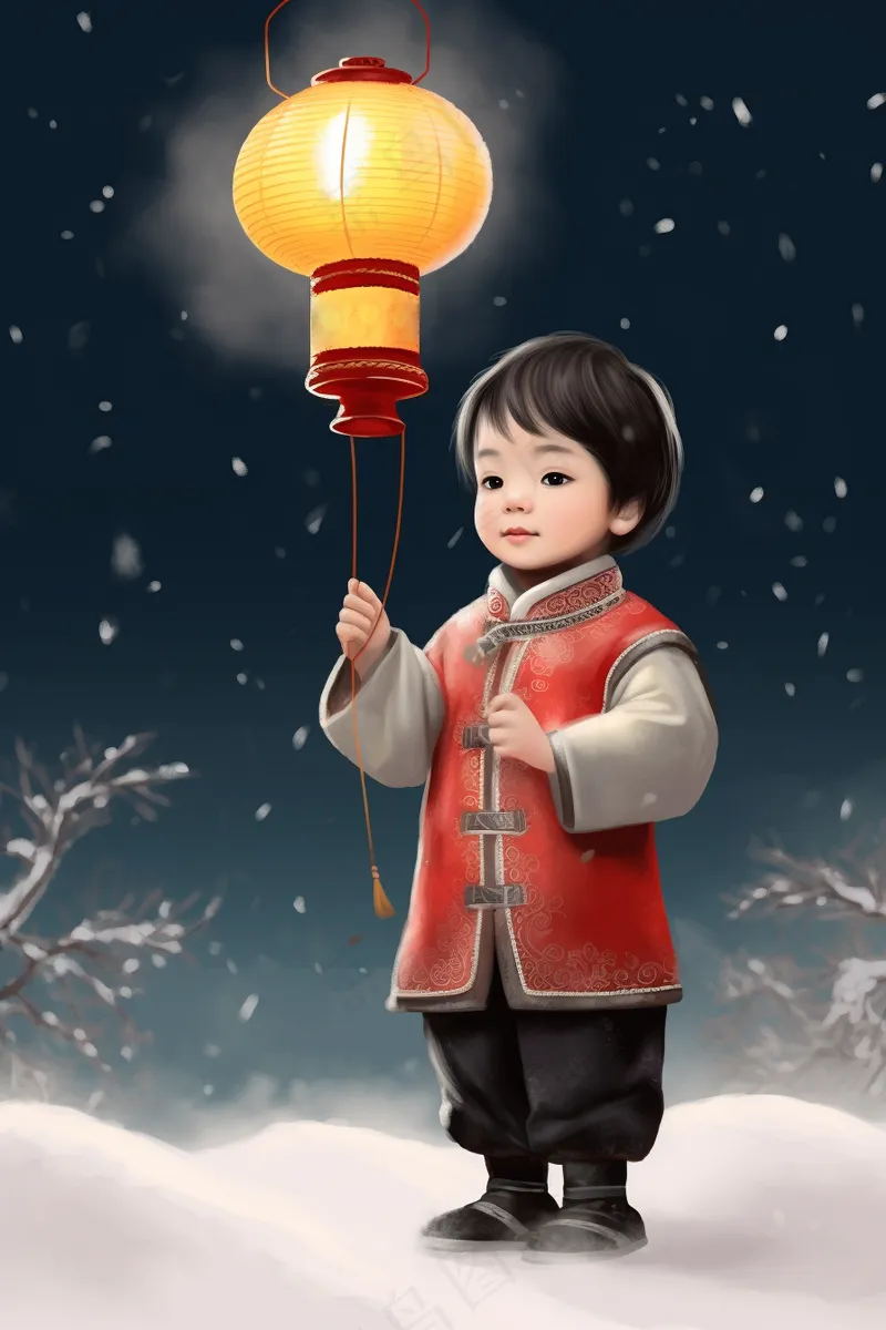 冬天白雪地打着灯笼得中国小孩卡通插画背景(2688x4032)