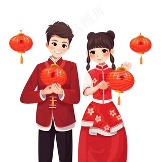 新年儿童拜年张灯结彩国潮春节红色手绘卡通插画免抠