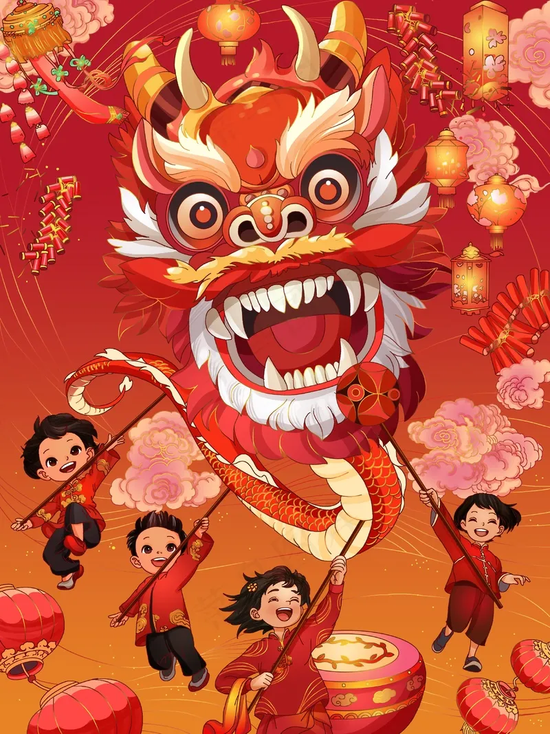 新年舞龙儿童画图片素材 (65)