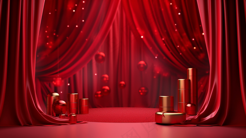 中国风红色婚庆节日年会舞台产品展示台创意图3D建模摄影图