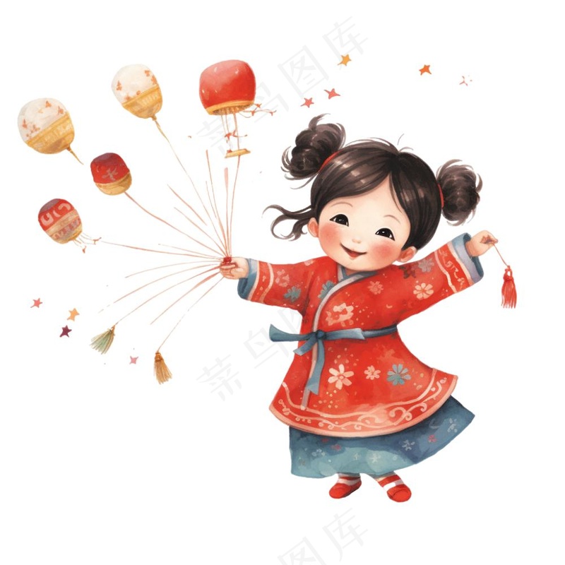 新年放烟花庆祝春节儿童开心过大年卡通插画免抠