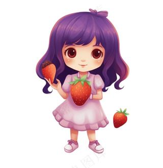 少女拿着草莓紫色衣裙美丽可爱人物卡通插画免抠