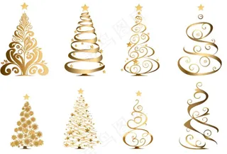 金色圣诞树装饰插画免抠