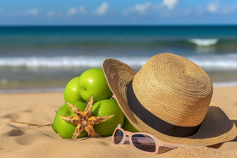 夏日沙滩草帽海边度假摄影图