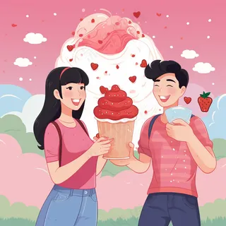情侣约会粉色爱心泡泡草莓奶茶奶油甜蜜卡通插画背景