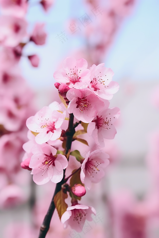 粉色桃花树枝春天春分摄影图