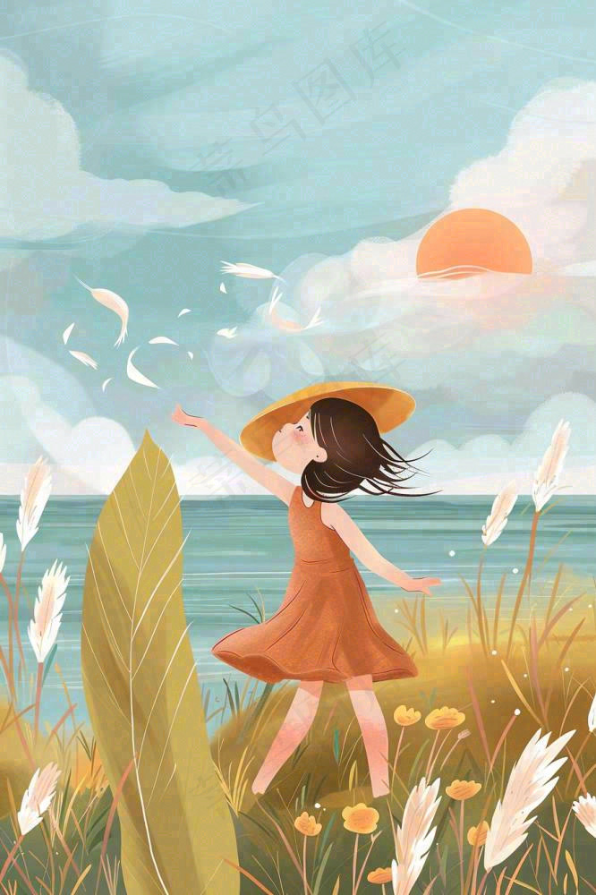 秋天湖边女孩随风舞动芦苇荡白鸽白鹭白露寒露插画背景(896x1344)