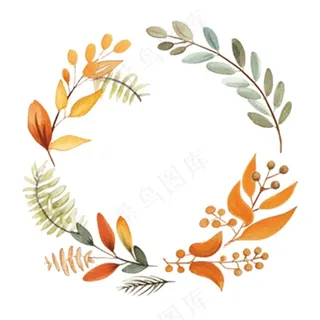 枫叶落叶树叶简约秋天圆形边框水彩画插画免抠
