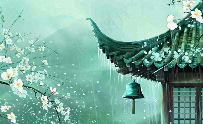 古风手绘雨插画下雨天的屋檐谷雨雨水插画背景(1408x864)