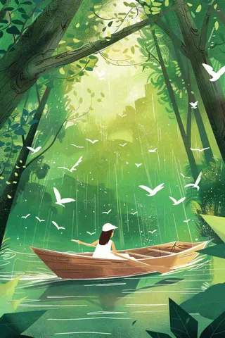 绿色森林少女划船春光波光闪烁春分插画卡通手绘处暑