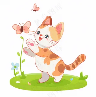 可爱的猫咪宠物草丛扑蝴蝶卡通插画免抠