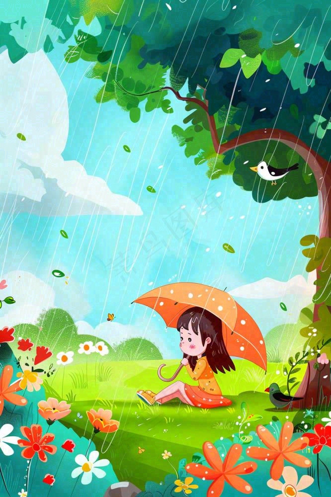 春天户外雨天打雨伞的小女孩坐着地上嬉水春游踏青唯美惊蛰雨水谷雨卡通插画背景