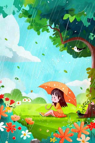 春天户外雨天打雨伞的小女孩坐着地上嬉水春游踏青唯美惊蛰雨水谷雨卡通插画背景