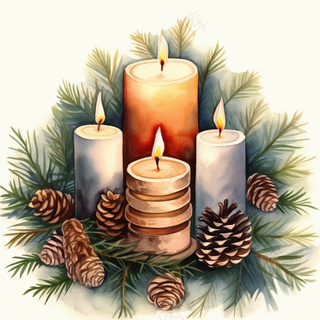 蜡烛松针松果水彩插画插图背景