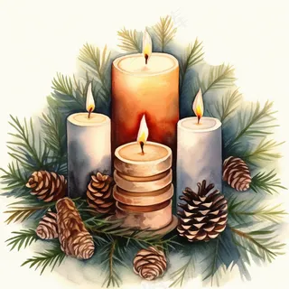 蜡烛松针松果水彩插画插图背景 蜡烛松针松果水彩插画插图背景
